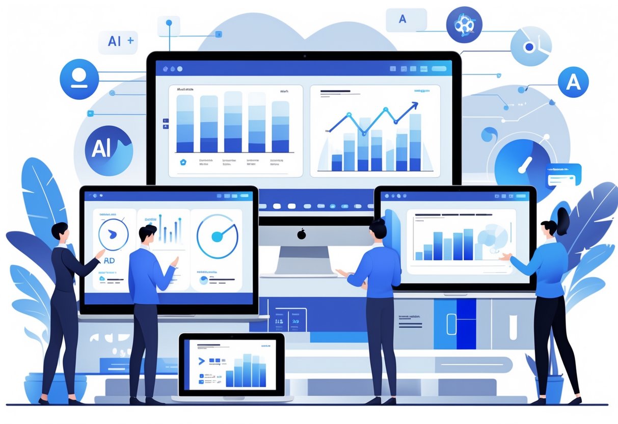 AI Grading Tools: The Ultimate Guide to Smarter Marking LearningMole A group of professionals collaborating around digital devices displaying graphical interfaces related to AI grading tools in a modern office setting.