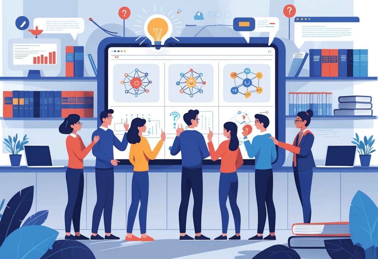 AI Education Resources: The Best Tools and Guidance for Learners Education resources LearningMole A group of students and educators gathered around a large touchscreen display showing AI-related icons in a bright classroom setting.