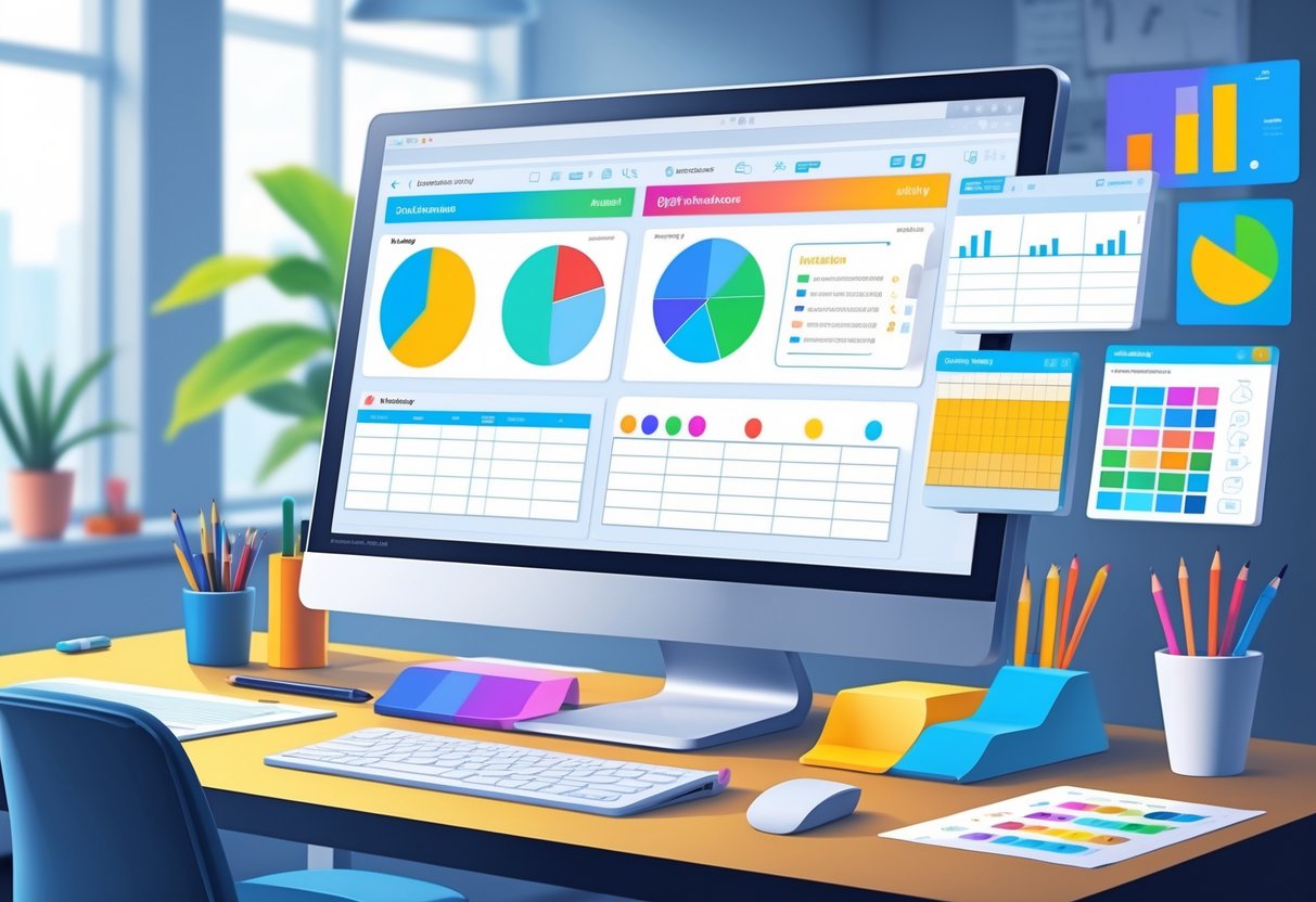 AI Worksheet Creator: Effortless Custom Worksheets Made Simple ai worksheet LearningMole A computer screen showing a worksheet editor with tables and charts, surrounded by digital tools on a desk with office items.
