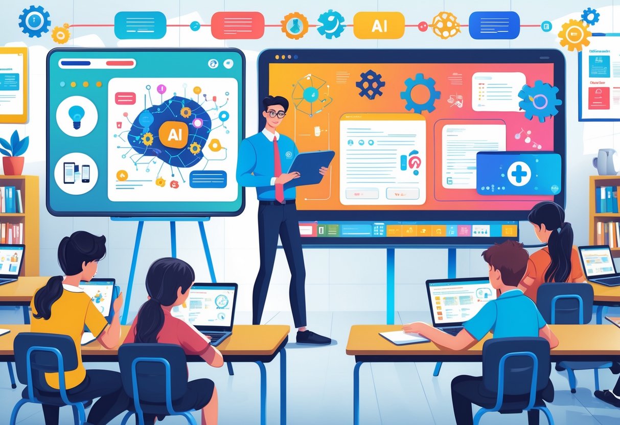 AI Worksheet Creator: Effortless Custom Worksheets Made Simple ai worksheet LearningMole A teacher using a tablet to create worksheets with AI technology in a classroom where students work on laptops and tablets.