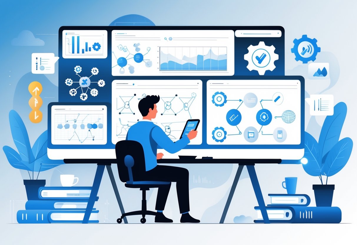 AI Worksheet Creator: Effortless Custom Worksheets Made Simple ai worksheet LearningMole A person working at a desk with multiple screens showing AI-related graphics and charts, interacting with a digital tablet in a tidy workspace.