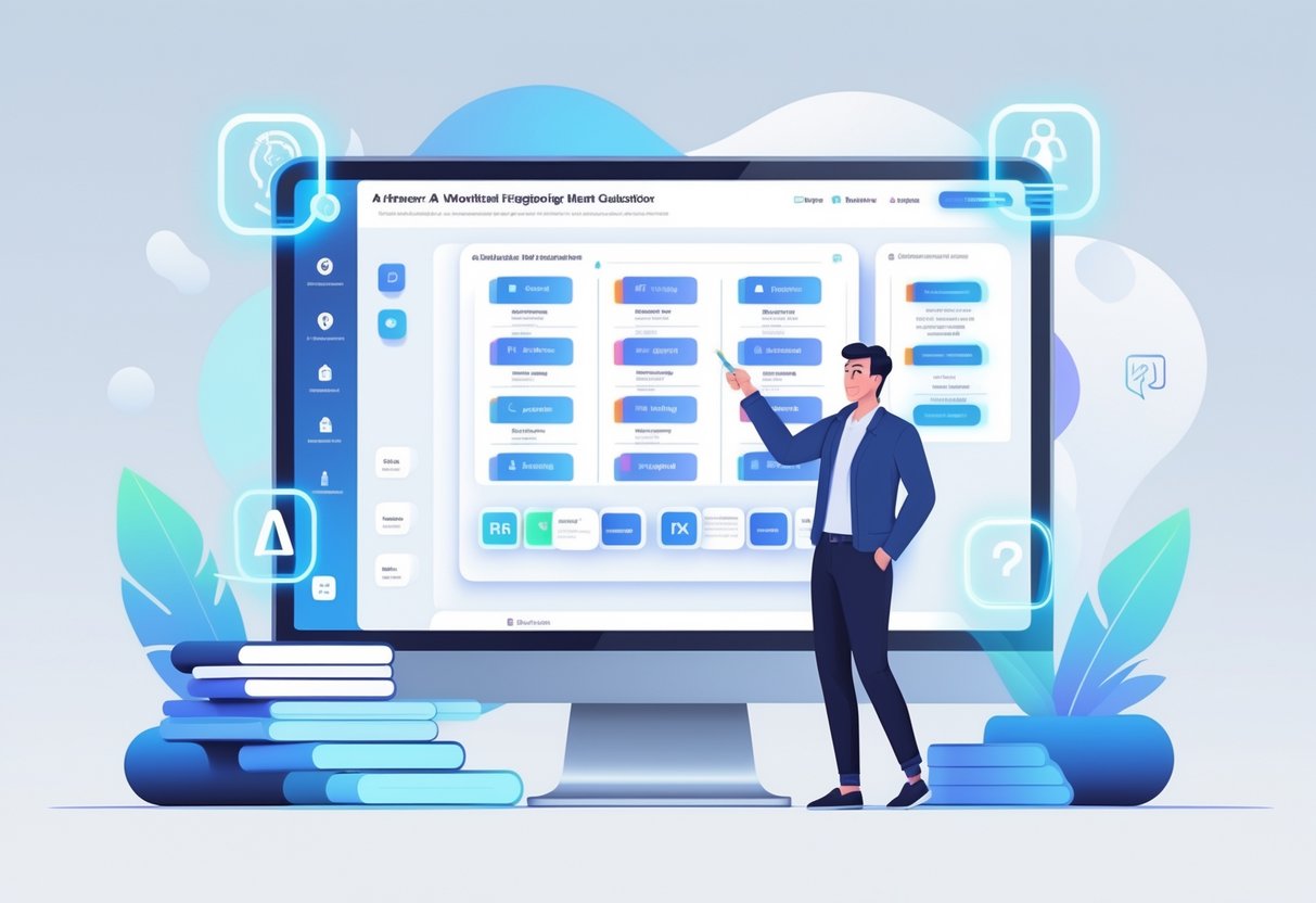 AI Worksheet Creator: Effortless Custom Worksheets Made Simple ai worksheet LearningMole A person using a digital device to create and organise question cards on a futuristic workspace with floating icons representing AI and education.