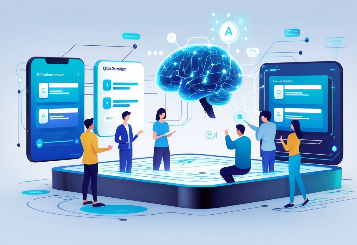 AI Quiz Generator: Create Engaging Quizzes with Artificial Intelligence AI Quiz Generator LearningMole A digital workspace with people interacting with floating quiz interfaces connected to a glowing AI brain symbol.