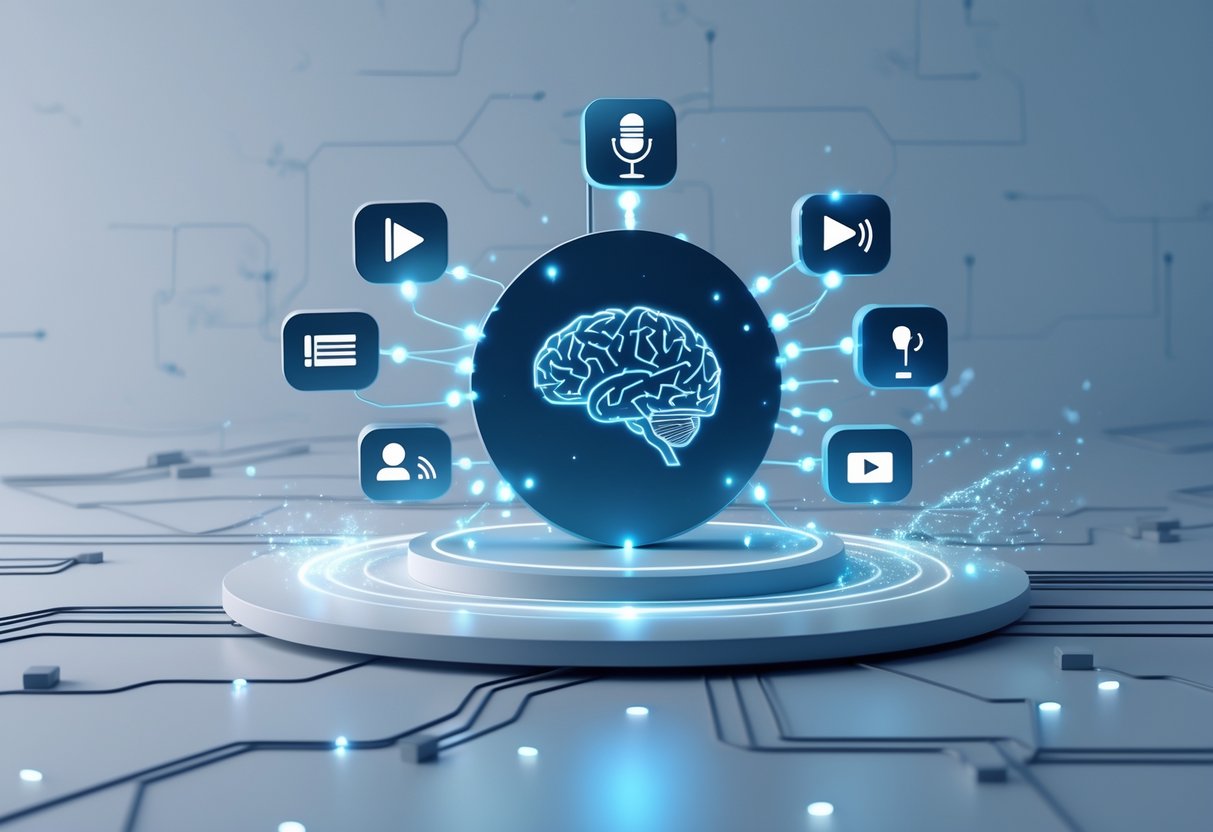 AI Question Generator: Comprehensive Guide, Use Cases & Smart Features AI Question Generator LearningMole A digital illustration showing an AI brain connected by glowing lines to various content platform icons like video, documents, microphone, and social media, representing integration and data flow.