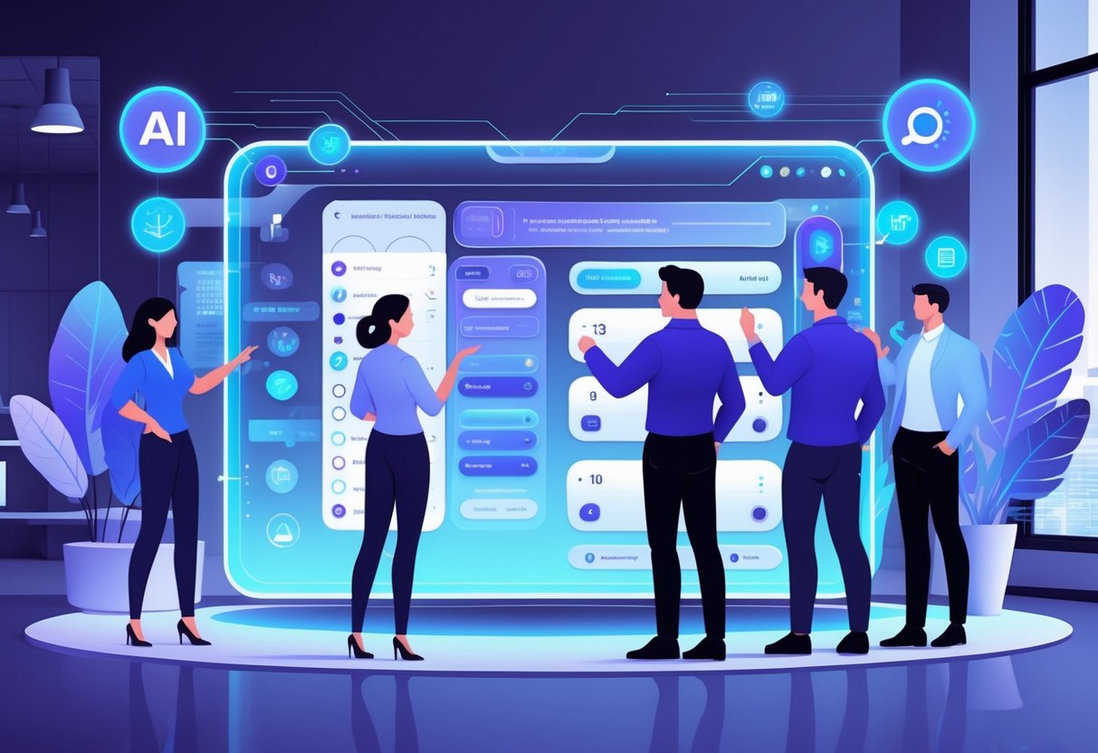 AI Quiz Generator: Create Engaging Quizzes with Artificial Intelligence AI Quiz Generator LearningMole A group of professionals interacting with a futuristic digital interface showing various controls for customising a quiz, set in a modern office environment.