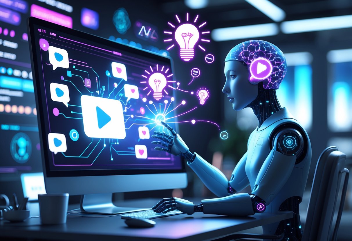 AI Question Generator: Comprehensive Guide, Use Cases & Smart Features AI Question Generator LearningMole A futuristic workspace showing an AI figure interacting with a computer screen displaying social media icons and creative content symbols.