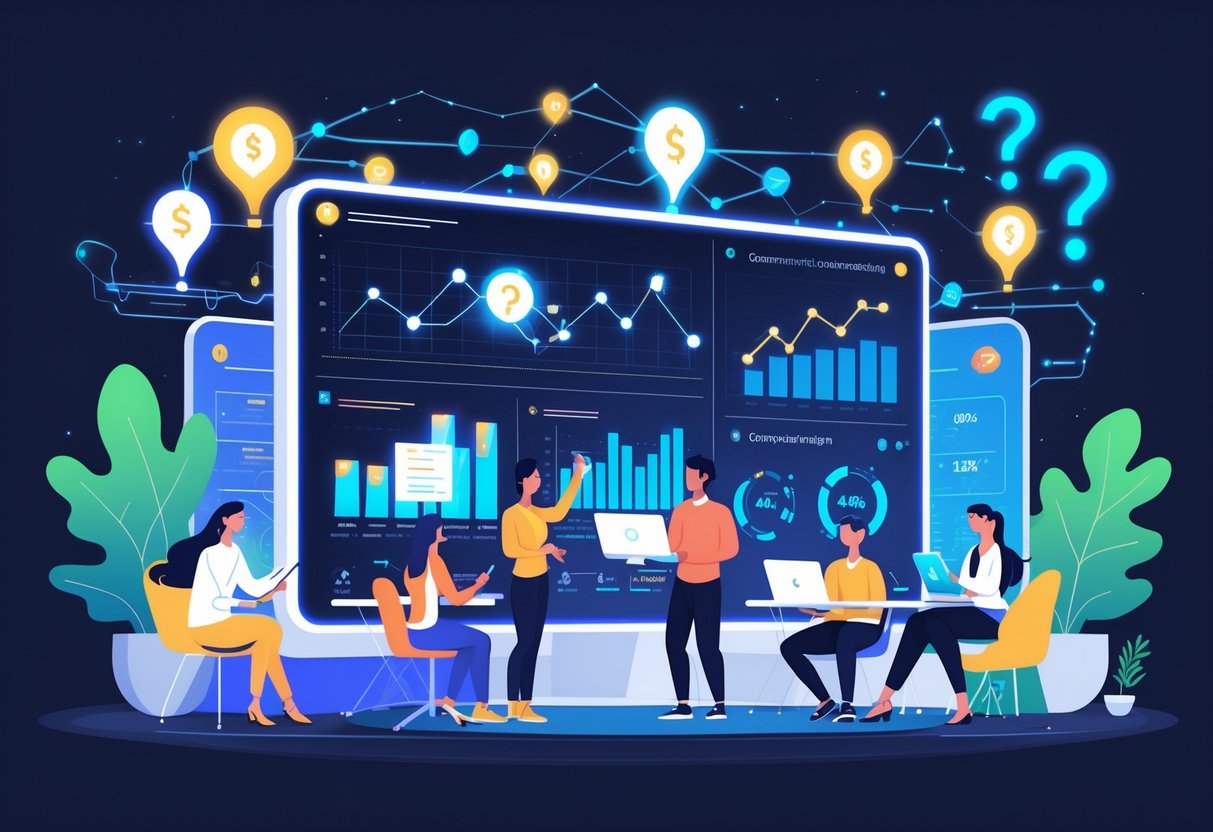 AI Question Generator: Comprehensive Guide, Use Cases & Smart Features AI Question Generator LearningMole A group of people working together around a digital screen showing charts and network connections, representing collaboration on community and monetisation projects.