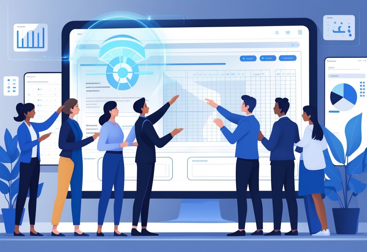 AI Rubric Generator: Creating Optimised Rubrics for Effective Assessment Rubric LearningMole A group of diverse educators collaborating with a futuristic AI interface to create a fair and consistent assessment rubric in a modern office setting.
