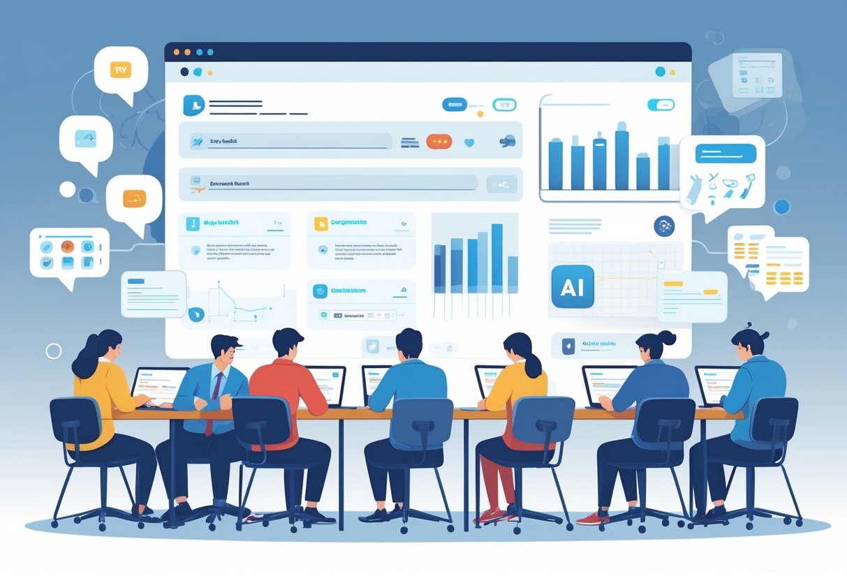 AI Exam Generator: Streamline Exam Creation with Smart Automation exam generator LearningMole Students taking digital exams on laptops and tablets with icons representing different question types floating around them.