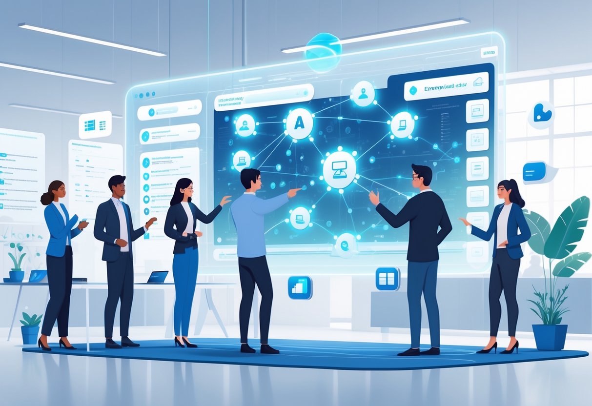 AI Exam Generator: Streamline Exam Creation with Smart Automation exam generator LearningMole A group of diverse professionals collaborating around a large digital interface with holographic exam tools and sharing icons in a bright office setting.