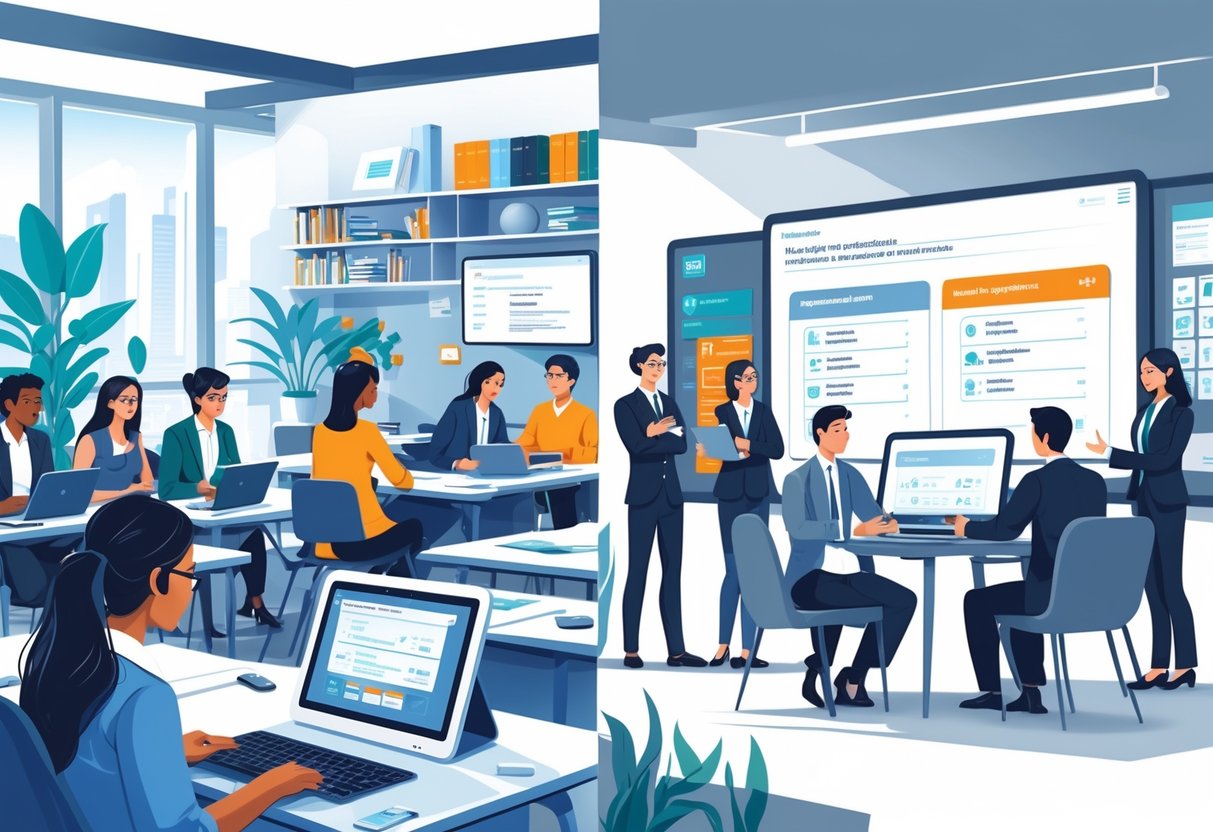 AI Exam Generator: Streamline Exam Creation with Smart Automation exam generator LearningMole A classroom with students using laptops and a teacher watching, next to an office where professionals use a large digital screen to generate exam questions.