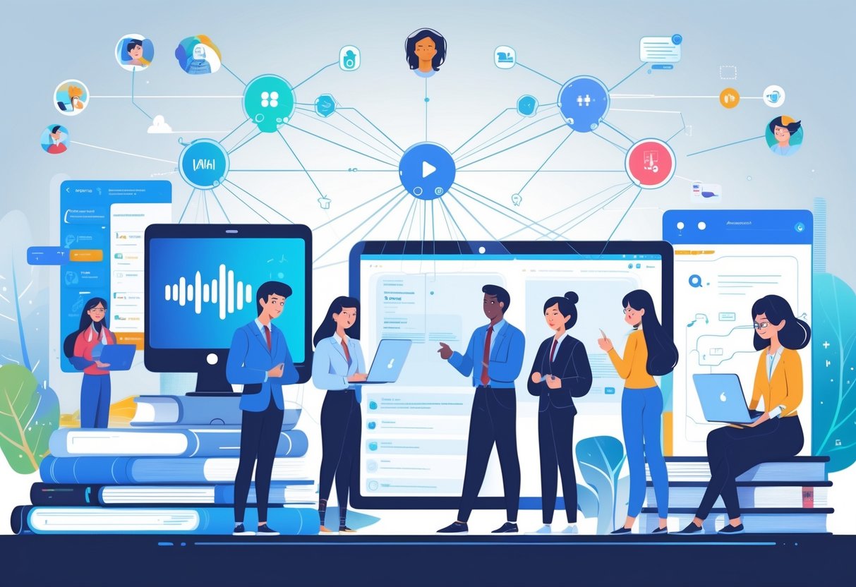 AI Voice Tools for Education: Enhancing Learning and Teaching LearningMole Students and teachers using laptops, tablets, and smartphones connected by a digital network, demonstrating AI voice tools in education across multiple platforms.