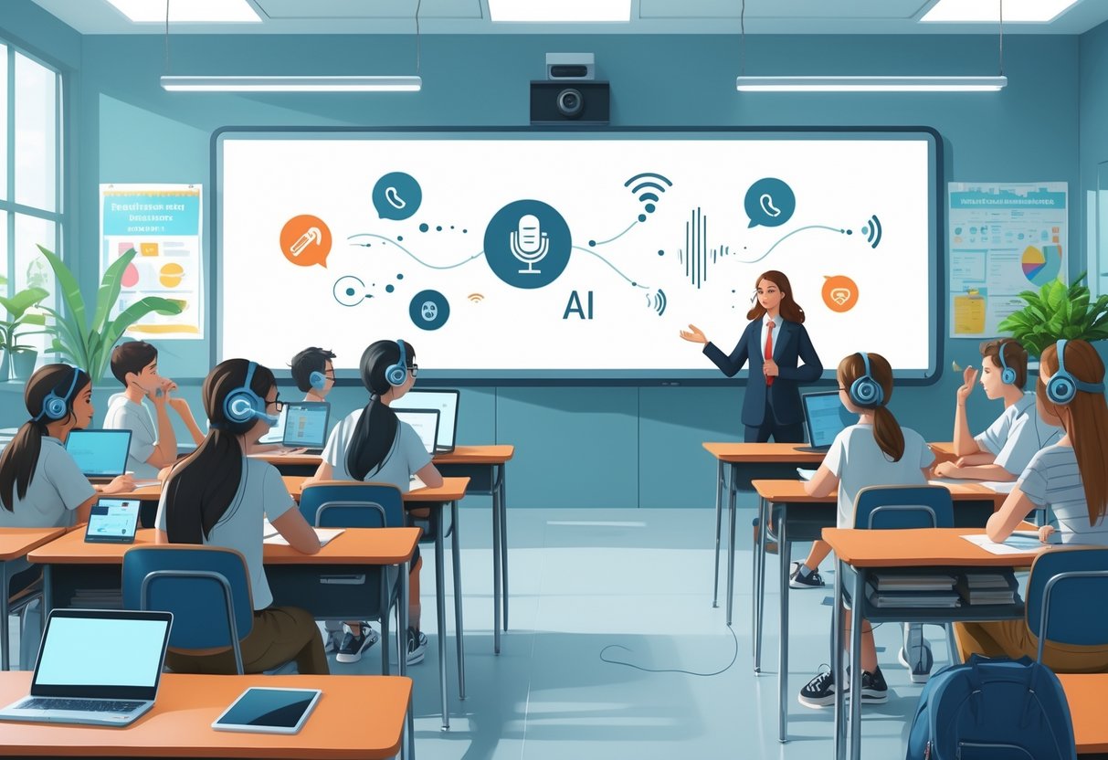 AI Voice Tools for Education: Enhancing Learning and Teaching LearningMole A classroom with students using tablets and AI voice assistants while a teacher stands near a digital whiteboard, showing a learning environment using voice technology.