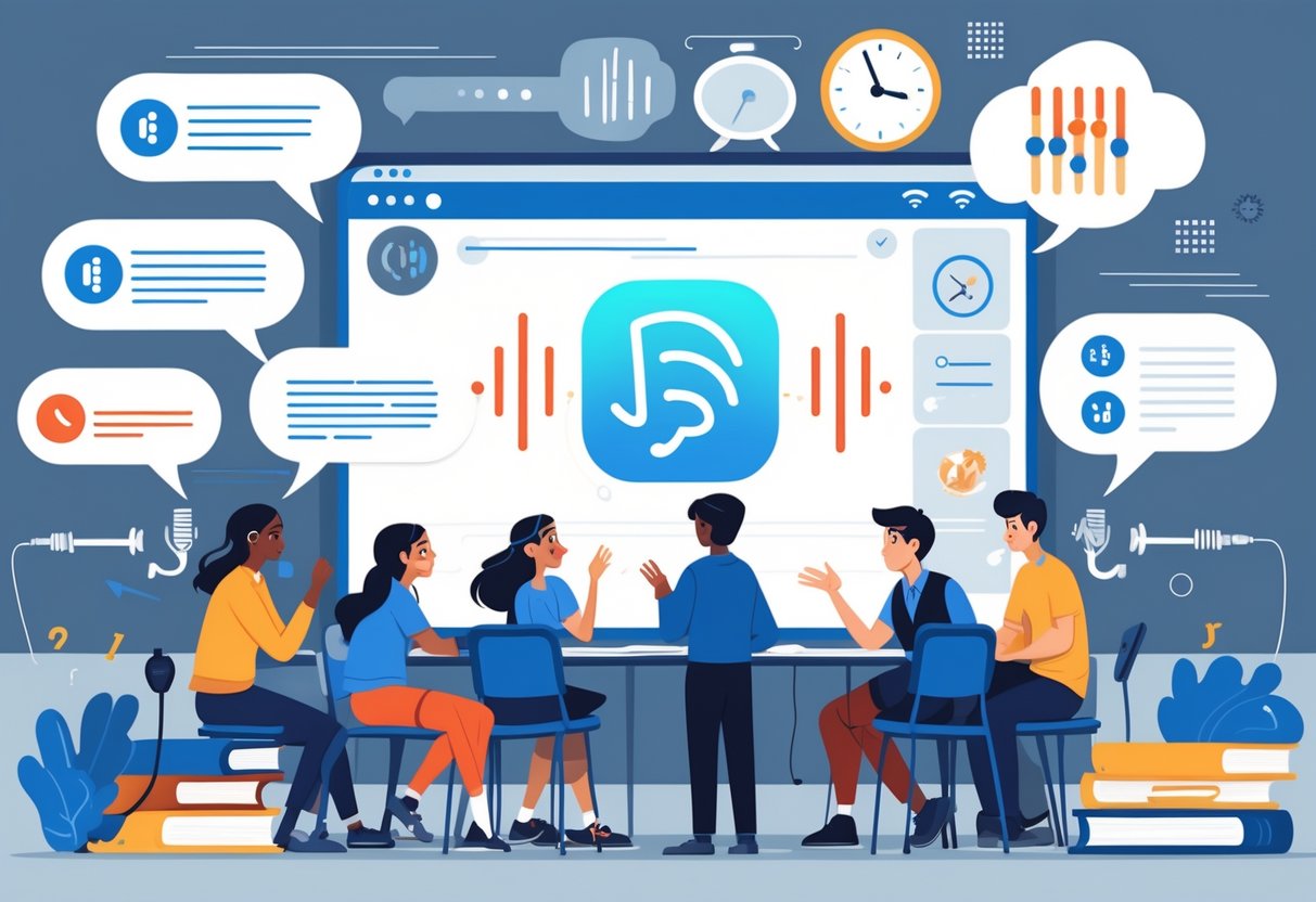 AI Voice Tools for Education: Enhancing Learning and Teaching LearningMole A classroom with students and a teacher interacting with a digital screen showing an AI voice assistant, with visual symbols highlighting challenges like unclear audio, time delays, and connectivity issues.