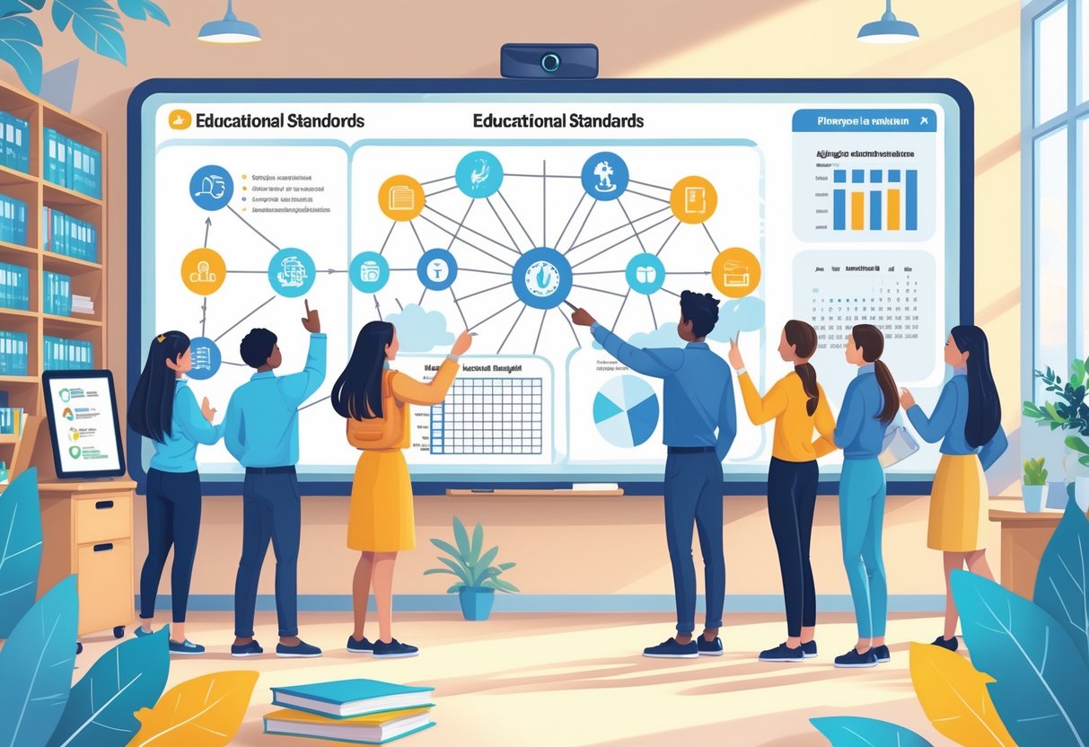 AI Differentiation Tools: How Technology Personalises Learning ai differentiation tool LearningMole A classroom scene where educators collaborate around a digital whiteboard showing icons representing AI tools and lesson plans, with books and a calendar in the background.