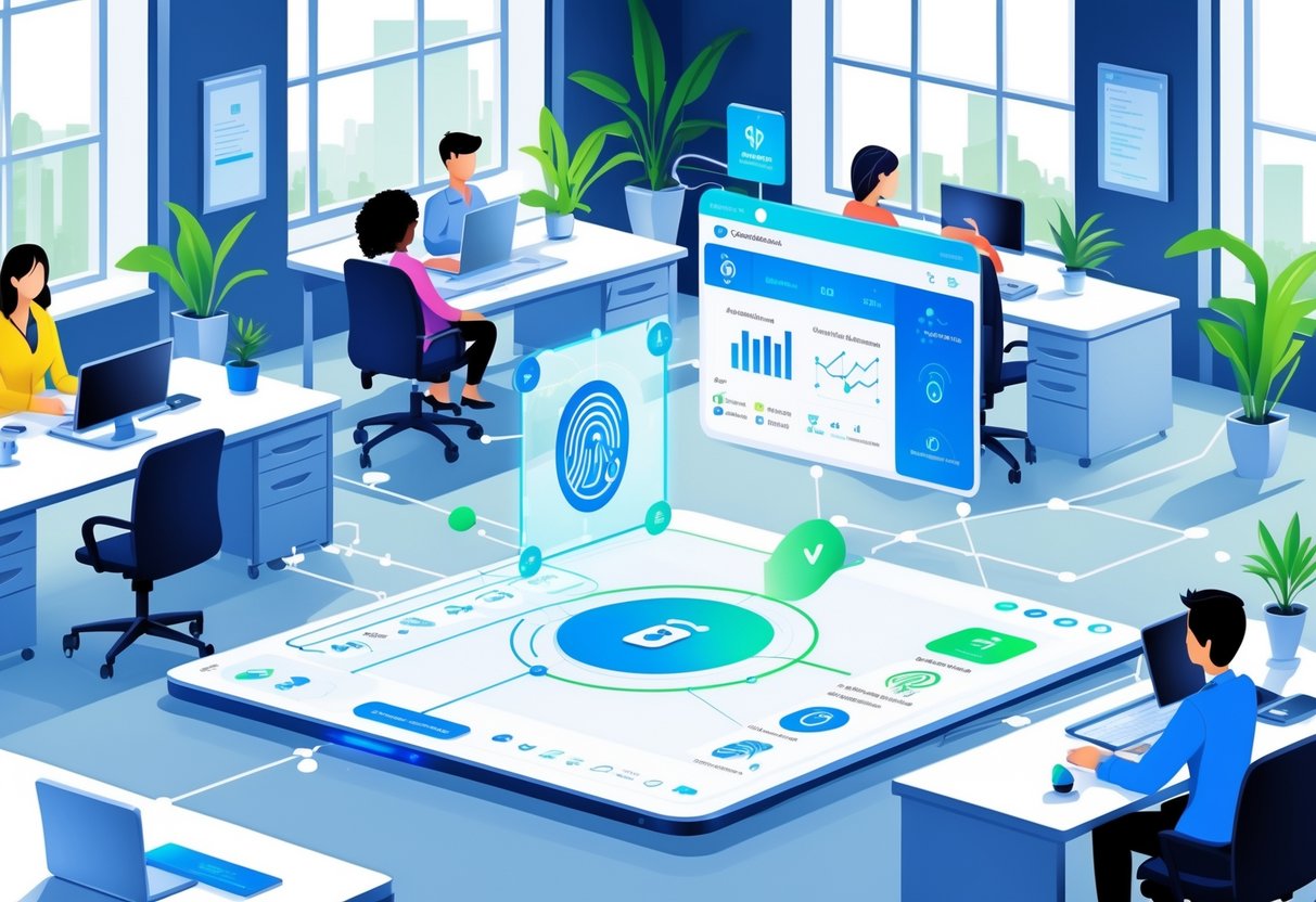 An office scene showing employees working with a digital interface displaying AI attendance tracking and workforce management data.