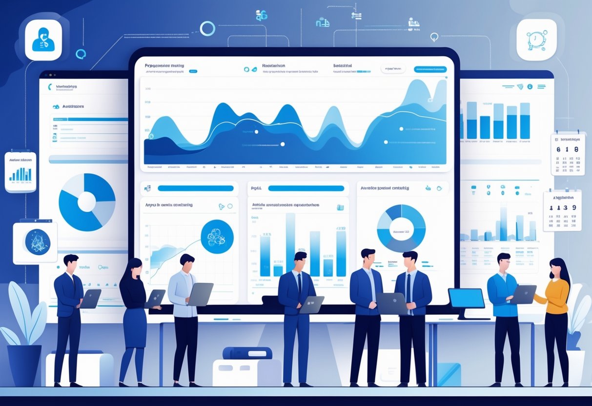 An office scene showing employees interacting with digital screens displaying payroll and attendance data with AI automation symbols.