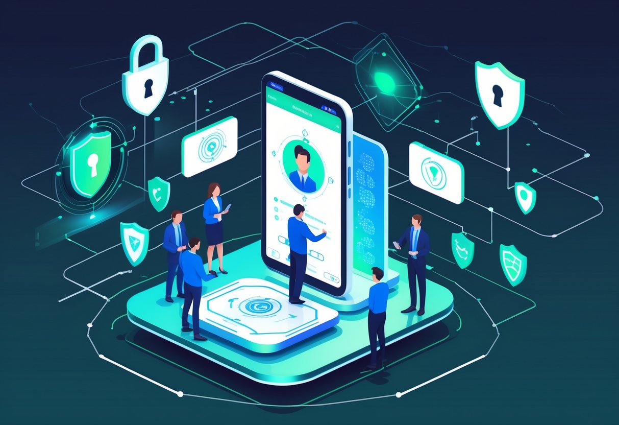 Office scene showing employees using a digital attendance system with facial recognition and biometric scanning, surrounded by symbols of data security and privacy.