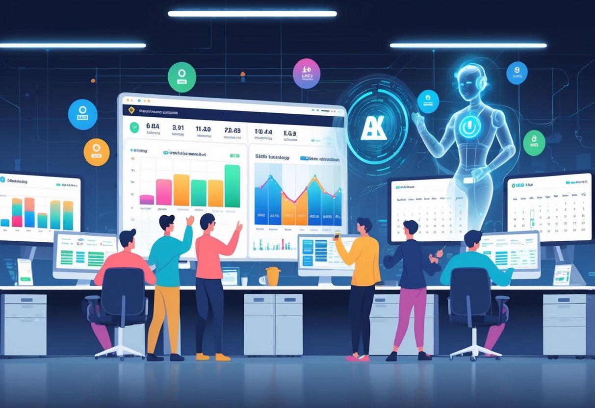A group of employees working together around a digital dashboard showing shift schedules and attendance data, with a holographic AI assistant analysing staffing information in a modern office.