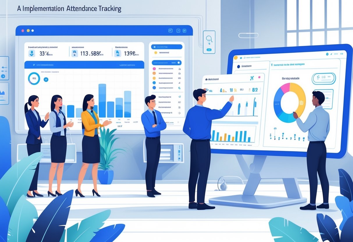 A group of employees using AI attendance devices at an office entrance while a manager shows a digital flowchart to a team, with a screen displaying attendance data in the background.