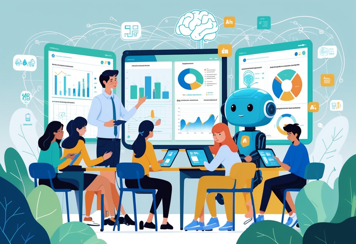 A classroom where students and educators interact with AI technology analysing behaviour and applying personalised learning methods.