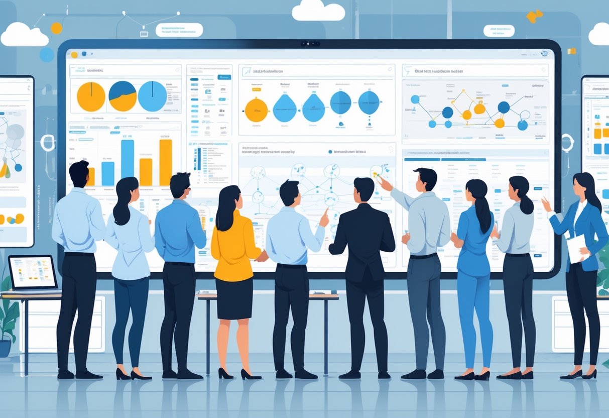 A group of professionals and educators collaborating around a large digital screen showing data visualisations and AI diagrams in a modern conference room.