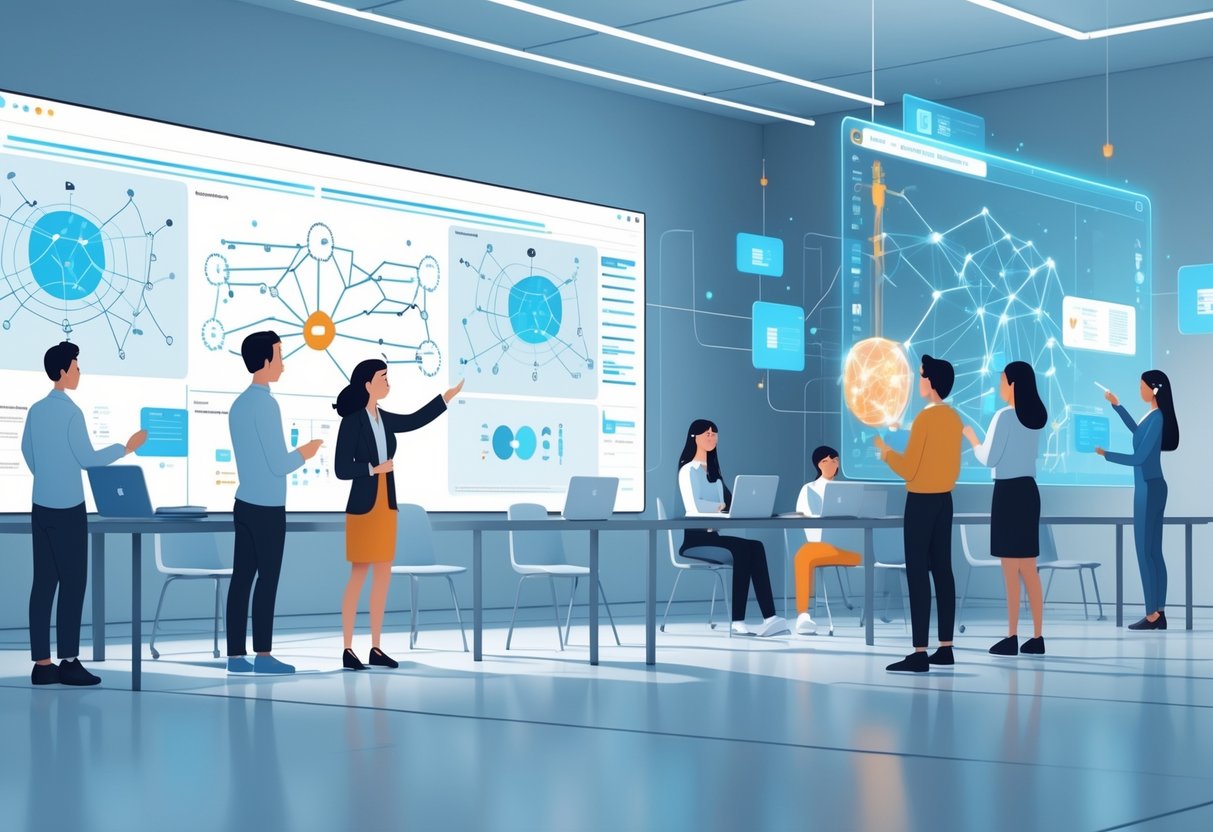 A classroom with students and a teacher using advanced AI tools and digital displays to study AI behaviour analysis, showing both challenges and future possibilities.