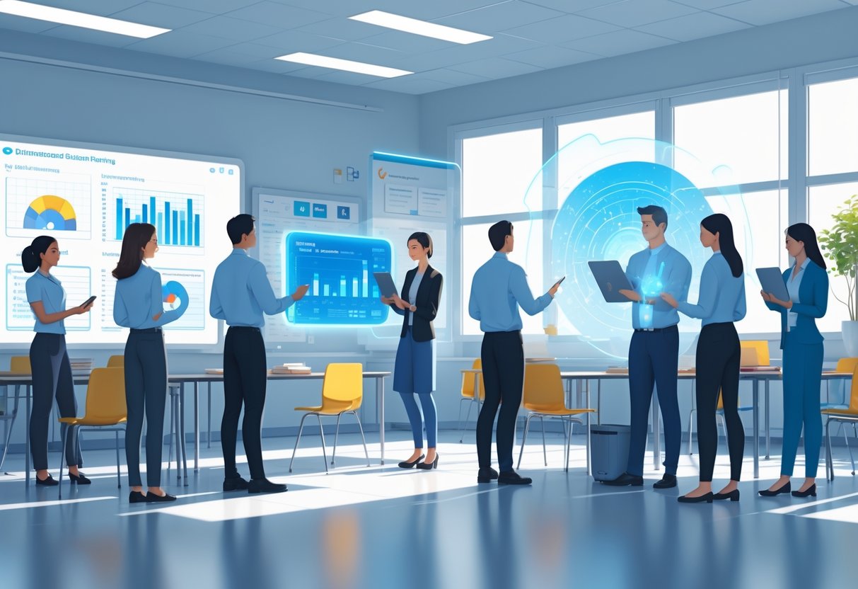 AI Report Writing for Teachers: Transforming Feedback and Efficiency AI Report LearningMole Teachers using digital screens and tablets in a classroom with a glowing holographic interface assisting them with data and reports.