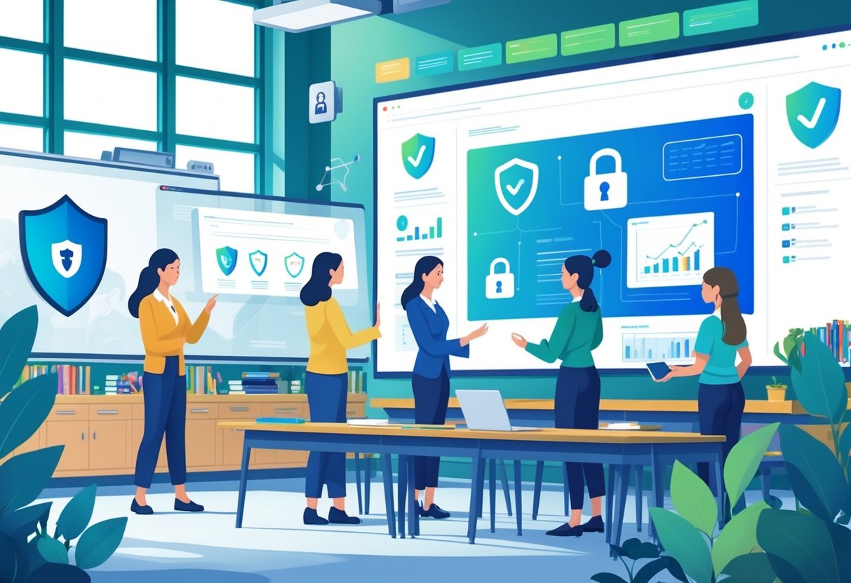 AI Report Writing for Teachers: Transforming Feedback and Efficiency AI Report LearningMole Teachers in a classroom using AI technology to generate reports, surrounded by digital symbols representing security, privacy, and compliance.