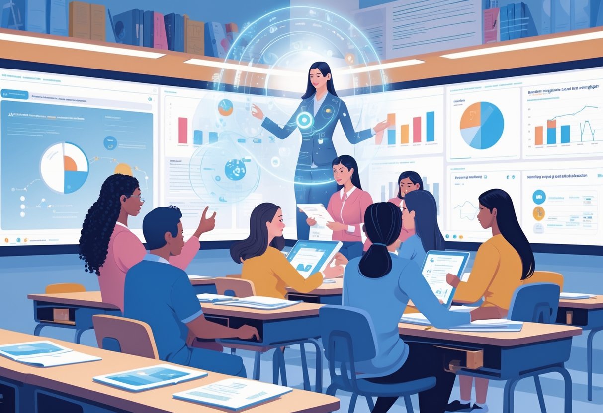 AI Report Writing for Teachers: Transforming Feedback and Efficiency AI Report LearningMole A group of teachers in a modern classroom using advanced AI technology to collaborate on writing reports.