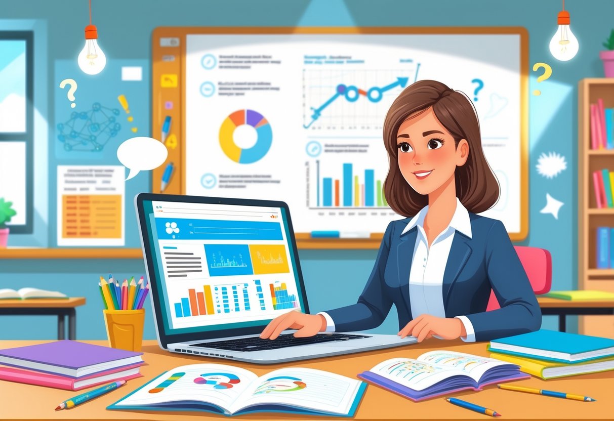AI Report Writing for Teachers: Transforming Feedback and Efficiency AI Report LearningMole A teacher working at a desk with a laptop and notebooks in a classroom, surrounded by question marks and educational materials.