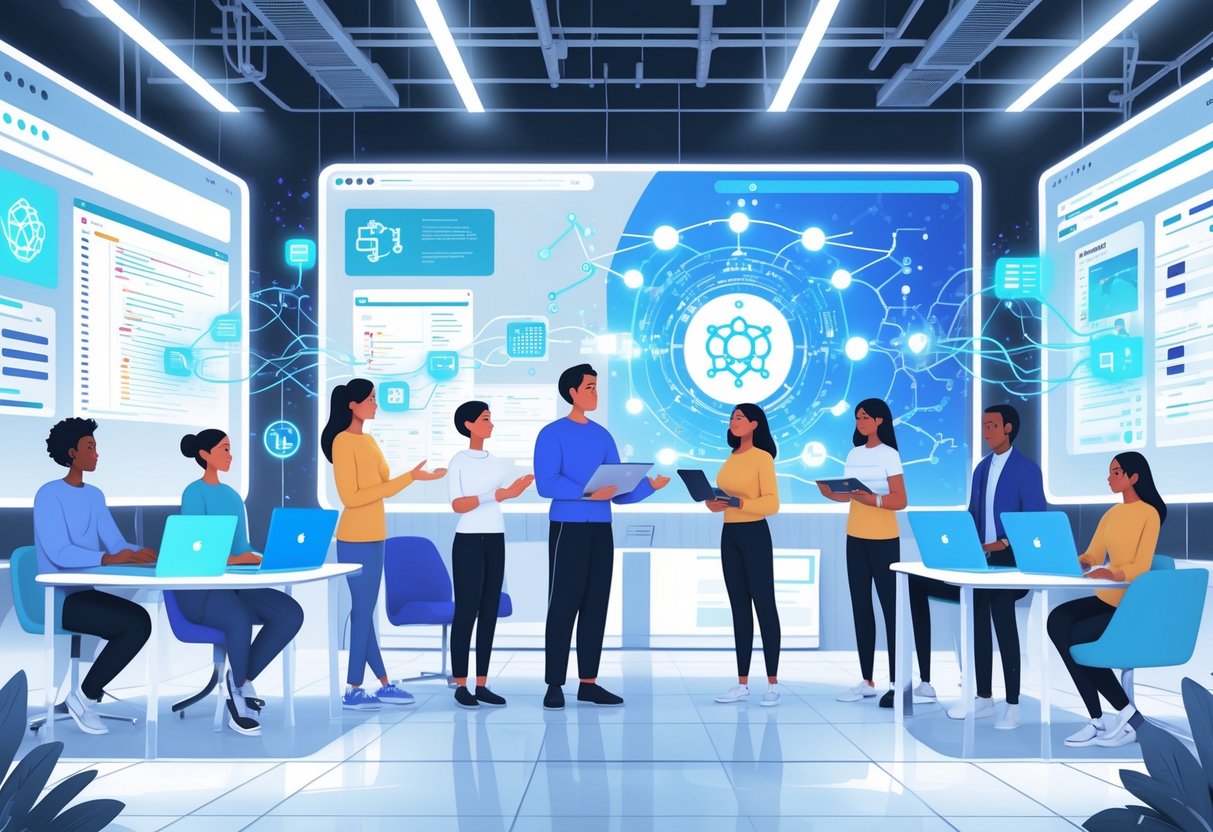 AI Coding Education: Empowering Students in the Digital Age LearningMole A group of people learning AI coding together in a modern classroom with digital screens showing code and AI concepts.