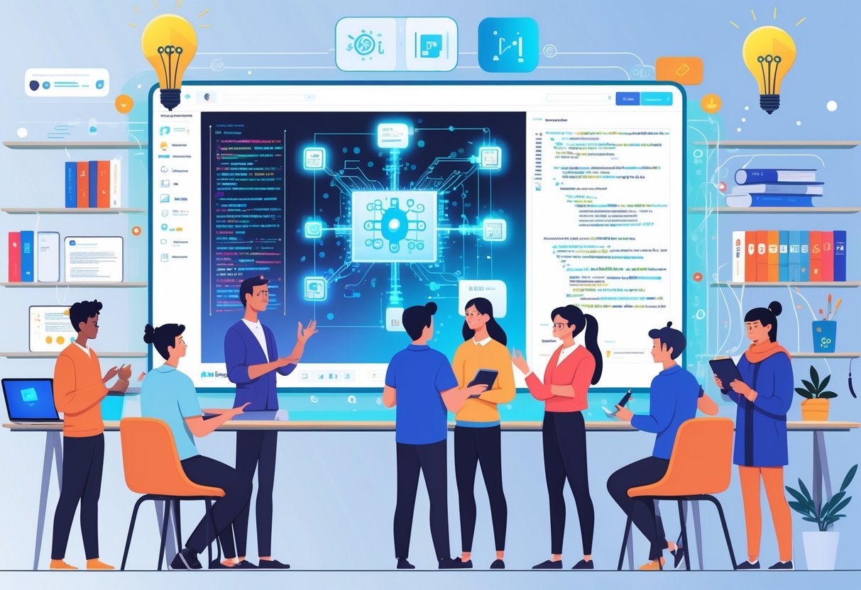 AI Coding Education: Empowering Students in the Digital Age LearningMole A group of students and an instructor in a classroom interacting with a large digital screen showing AI and coding graphics, surrounded by educational tools and symbols of learning.