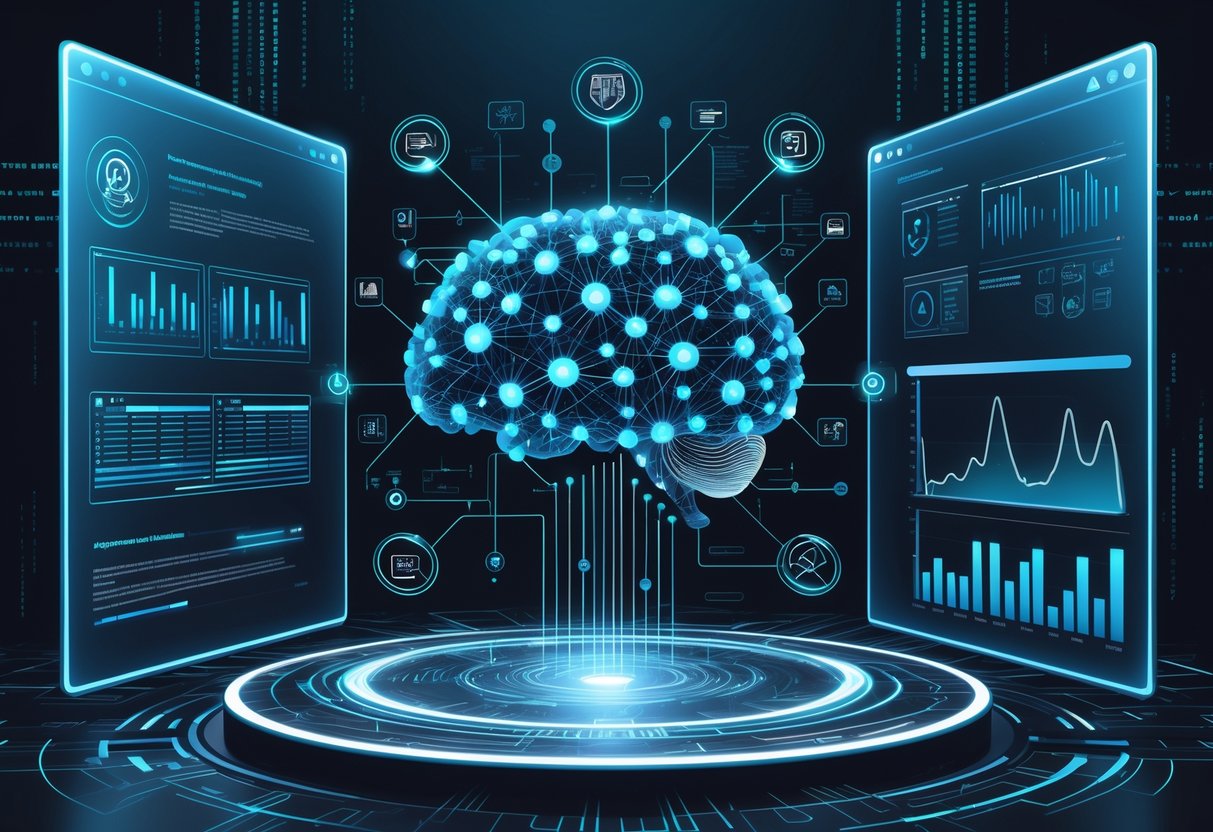 An illustration showing a digital AI brain with interconnected nodes surrounded by holographic screens displaying data streams, neural networks, and text analysis elements representing AI reading assessment technologies.