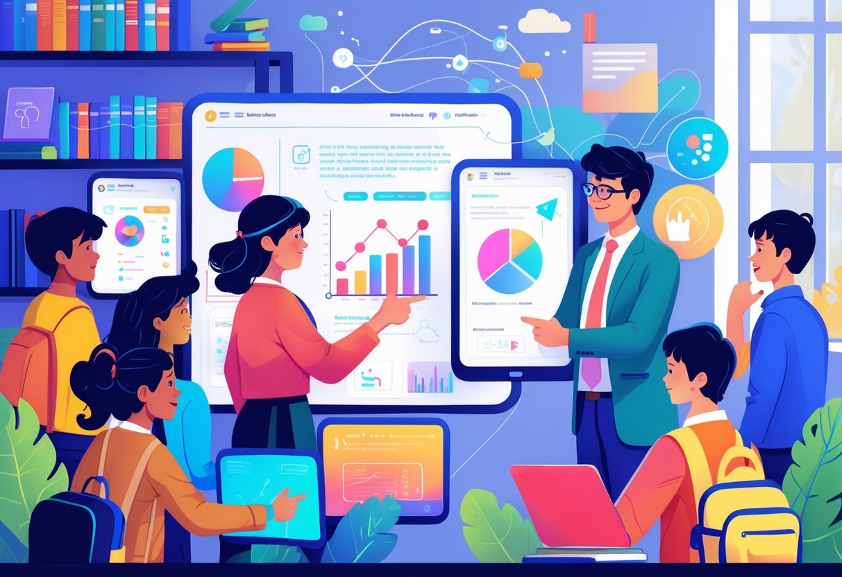 A teacher and diverse students using digital tablets in a classroom with visual data displays and AI elements, showing a supportive and interactive learning environment.