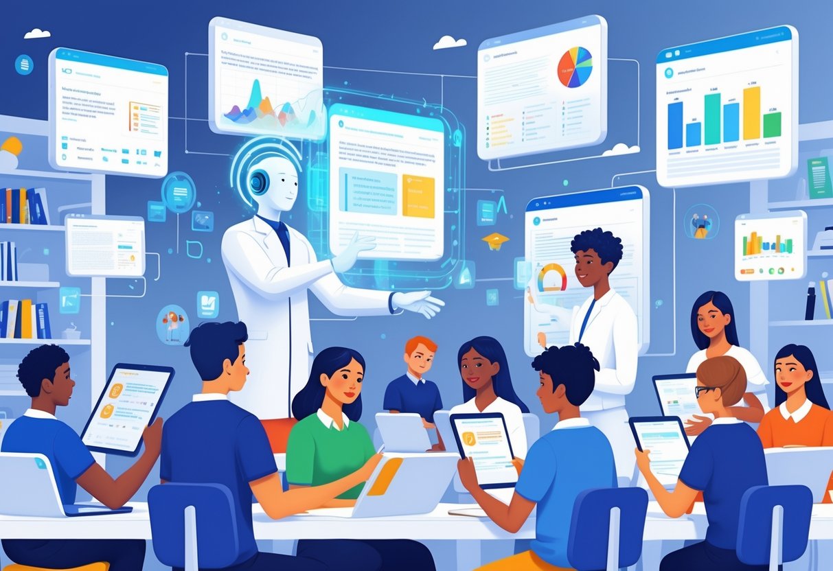 A digital workspace showing an AI assistant analysing reading data on floating screens while diverse students use tablets to complete reading tasks.