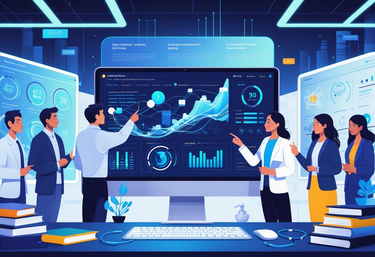 A group of professionals using advanced digital tools to assess reading skills with interactive data displays and holograms in a modern workspace.