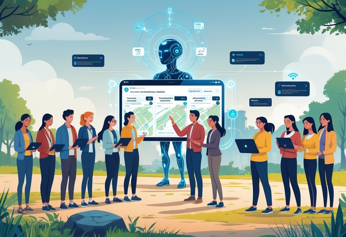 Teachers and students outdoors using digital devices with a holographic AI assistant showing maps and information to help plan a field trip.