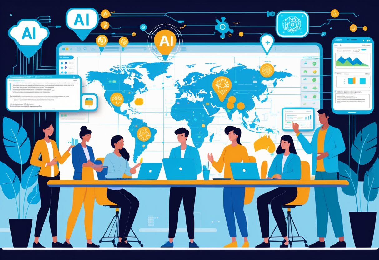 A group of people working together around a table with laptops and digital screens showing maps and AI data for field trip planning.