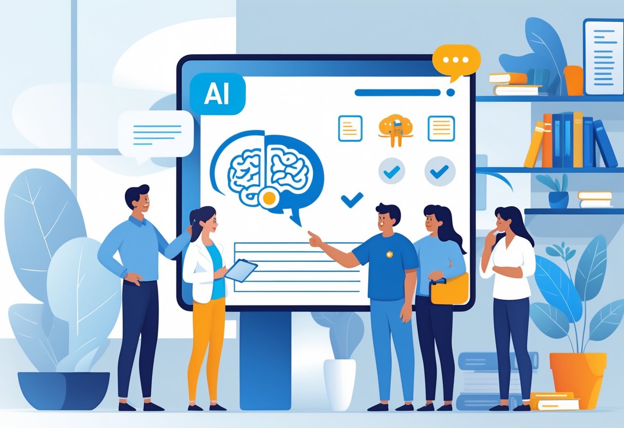 A group of people including a teacher, student, and parent looking at a large digital screen with icons representing AI and reading assessment in a bright educational setting.