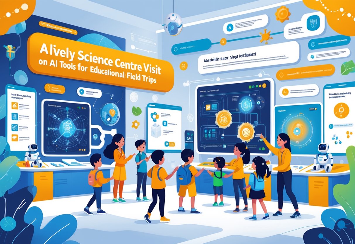 A group of children and educators exploring interactive AI exhibits and robots during a science centre visit.