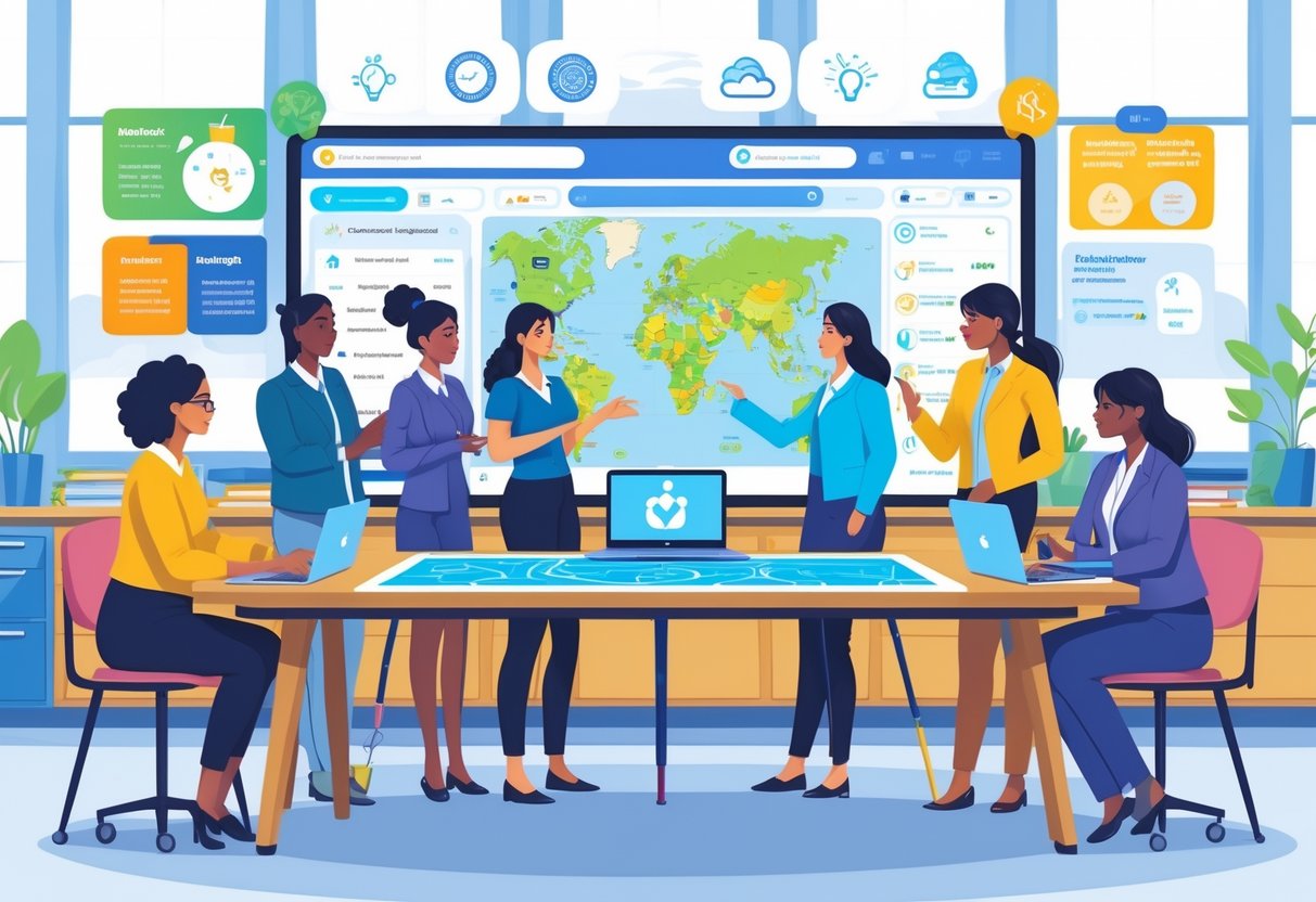 A group of teachers working together around a digital touchscreen table with interactive maps and AI tools to plan a school field trip.
