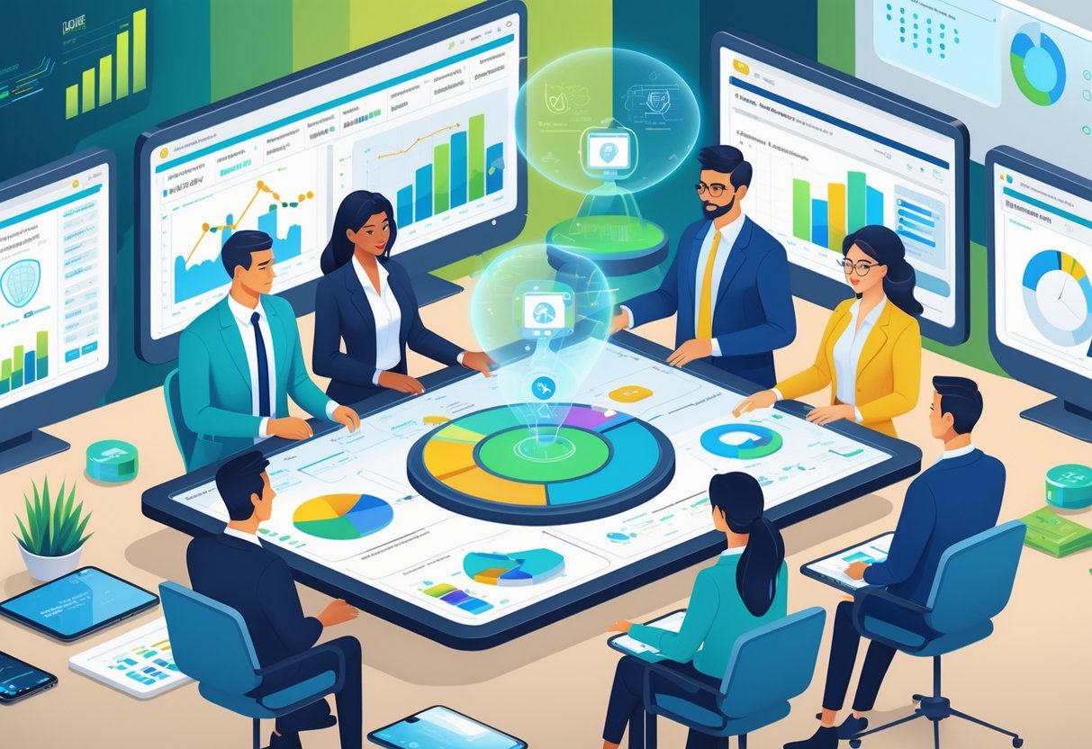 A diverse team in an office using digital screens and AI tools to manage budgeting and resources collaboratively.