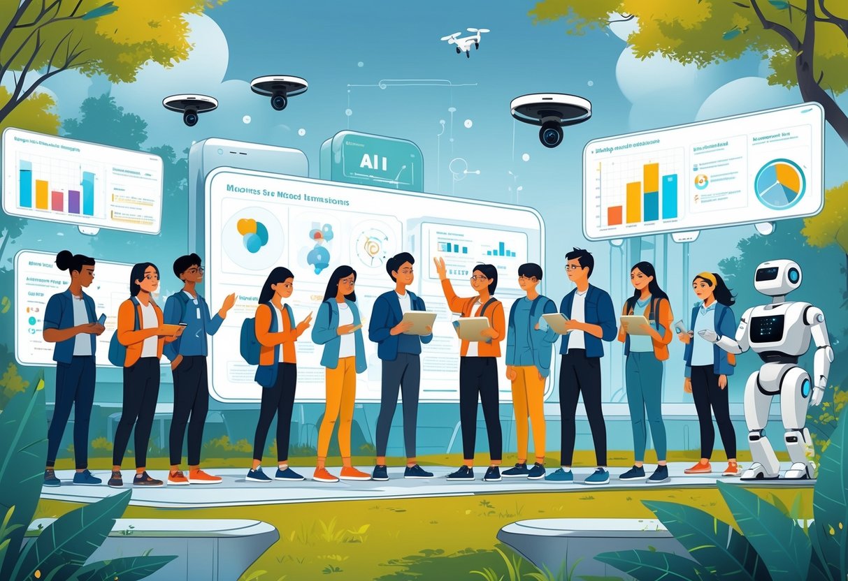 A group of students and teachers using AI tools like tablets and robots outdoors during an educational field trip, surrounded by nature and futuristic technology.
