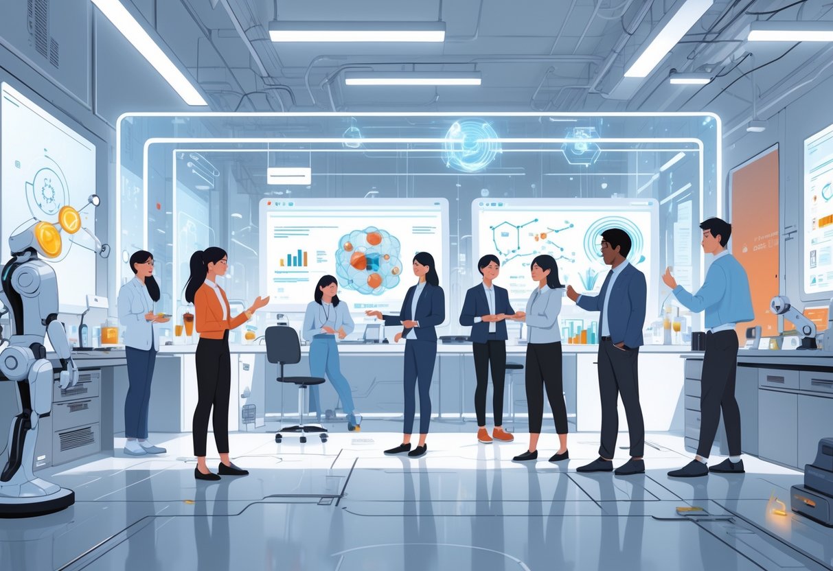 AI Virtual Labs: Innovations, Use Cases, and Future Potential LearningMole A group of people interacting with futuristic digital interfaces and 3D models inside a modern virtual laboratory.