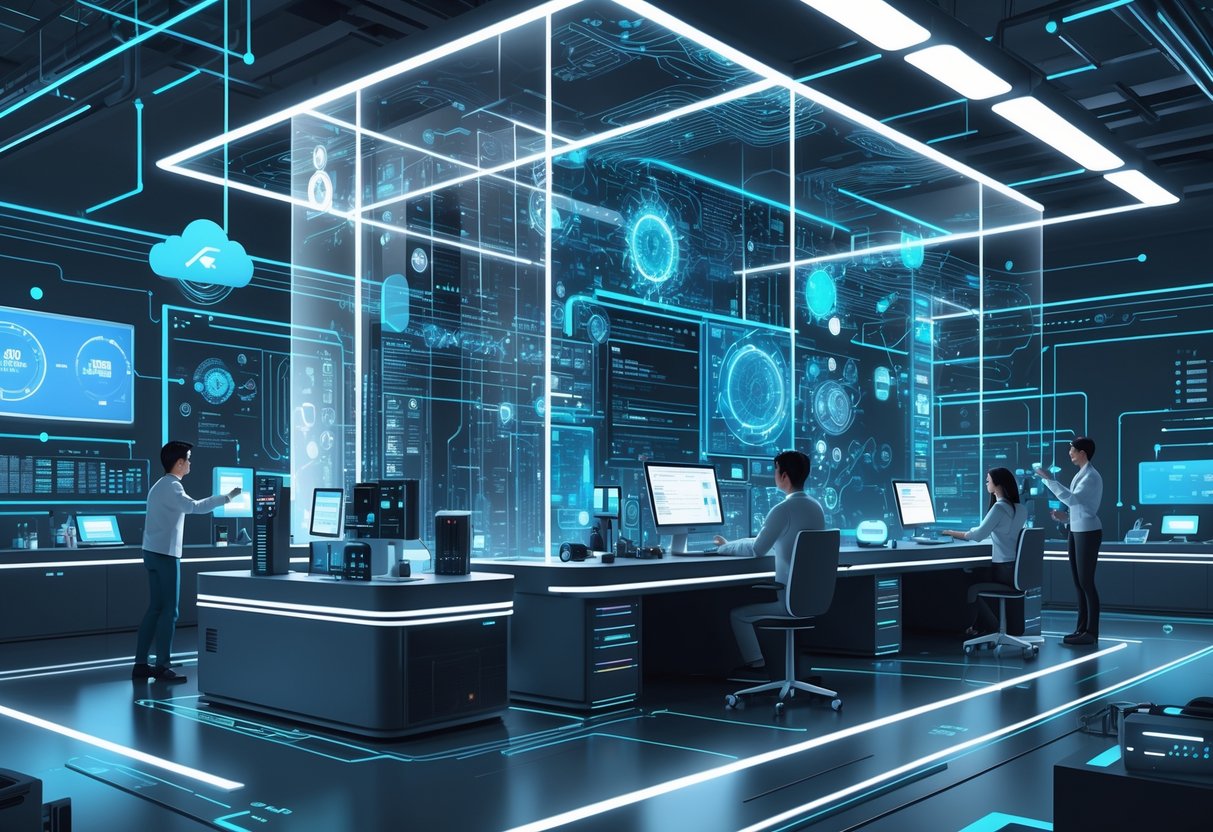 AI Virtual Labs: Innovations, Use Cases, and Future Potential LearningMole A futuristic laboratory with scientists working on holographic AI interfaces and advanced computing devices surrounded by digital data streams and circuit patterns.