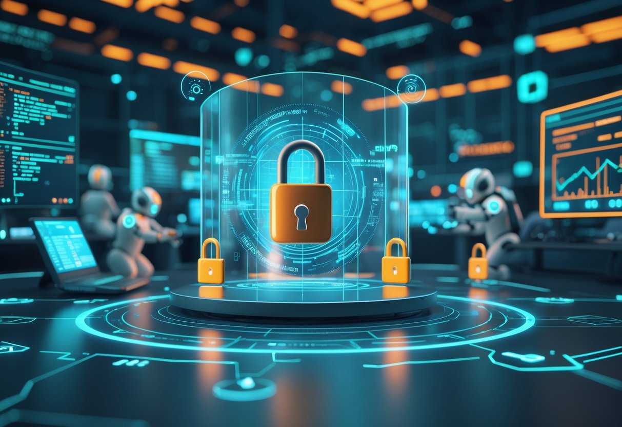 AI Virtual Labs: Innovations, Use Cases, and Future Potential LearningMole A futuristic virtual laboratory with AI avatars working behind a transparent shield symbolising data security, surrounded by digital data streams and padlocks.