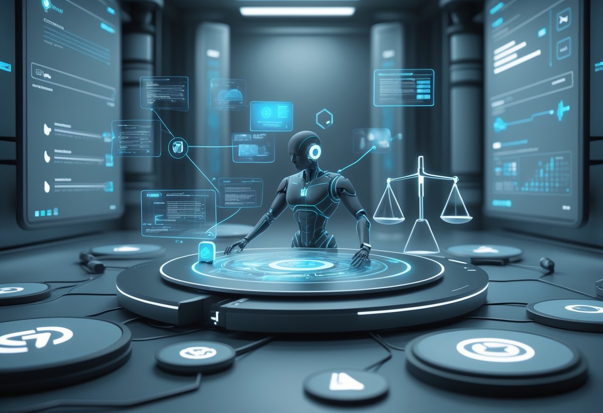 AI Virtual Labs: Innovations, Use Cases, and Future Potential LearningMole A futuristic virtual laboratory with a humanoid AI figure surrounded by holographic screens and symbols representing challenges like broken connections, locked gates, and ethical scales.