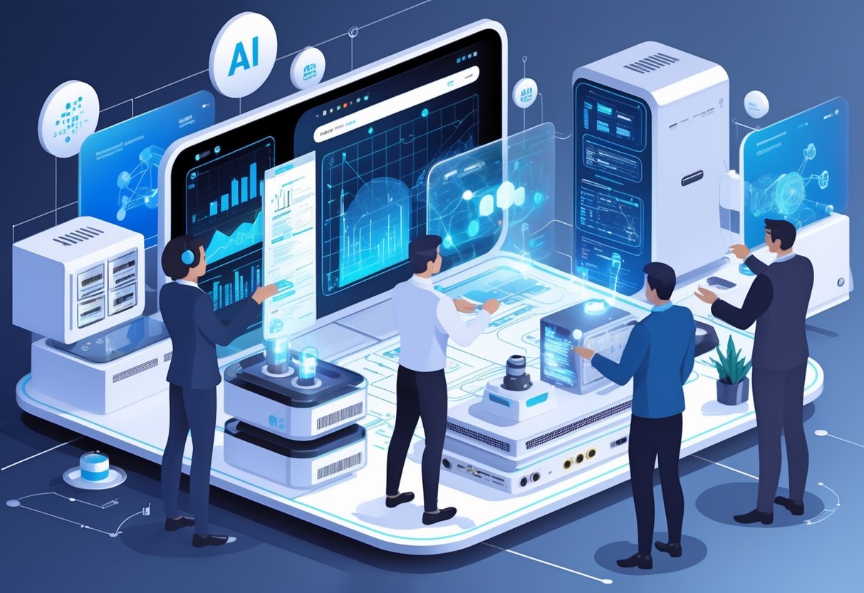 AI Virtual Labs: Innovations, Use Cases, and Future Potential LearningMole A high-tech lab with professionals using holographic screens and virtual reality devices to study AI data and simulations.
