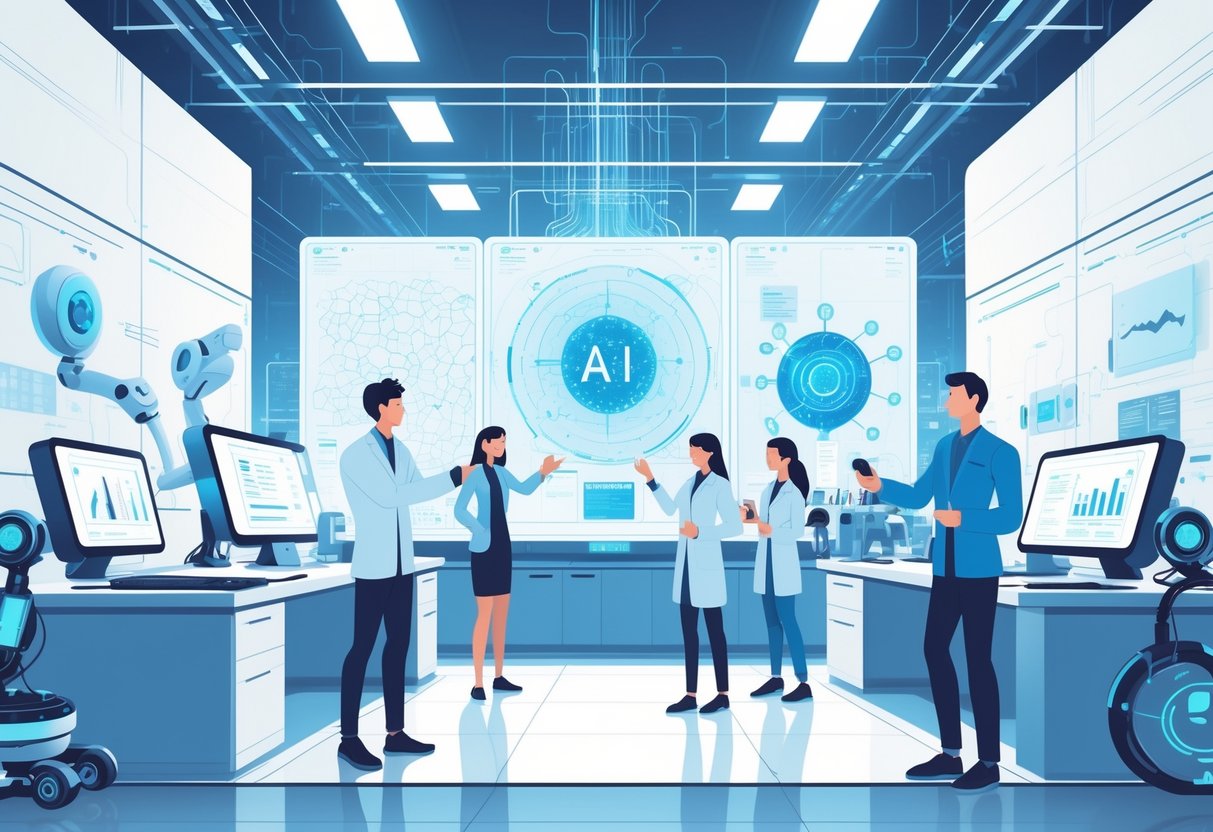 AI Virtual Labs: Innovations, Use Cases, and Future Potential LearningMole Scientists and engineers working together in a modern virtual laboratory with digital screens and futuristic technology.